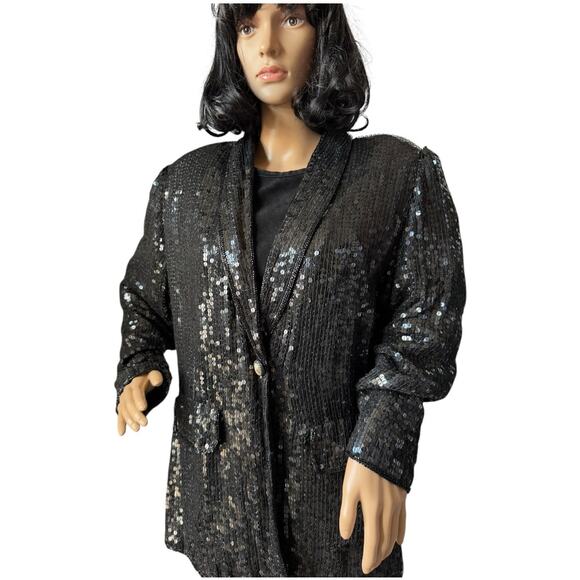 American Vtg Black Silk Sequined Formal Occasion one button Blazer coat medium - Picture 7 of 17